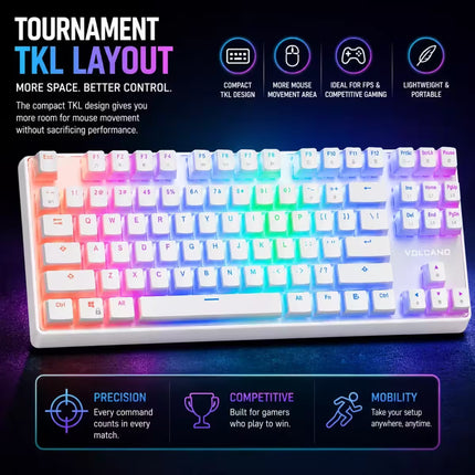 A compact mechanical gaming keyboard with white keys and multicolor RGB backlighting, shown on a dark promotional background with feature callouts and the Volcano brand name visible on the keyboard.