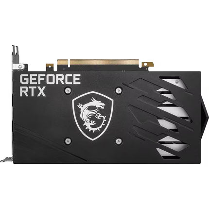 GeForce RTX graphics card with a black and white design on a white background