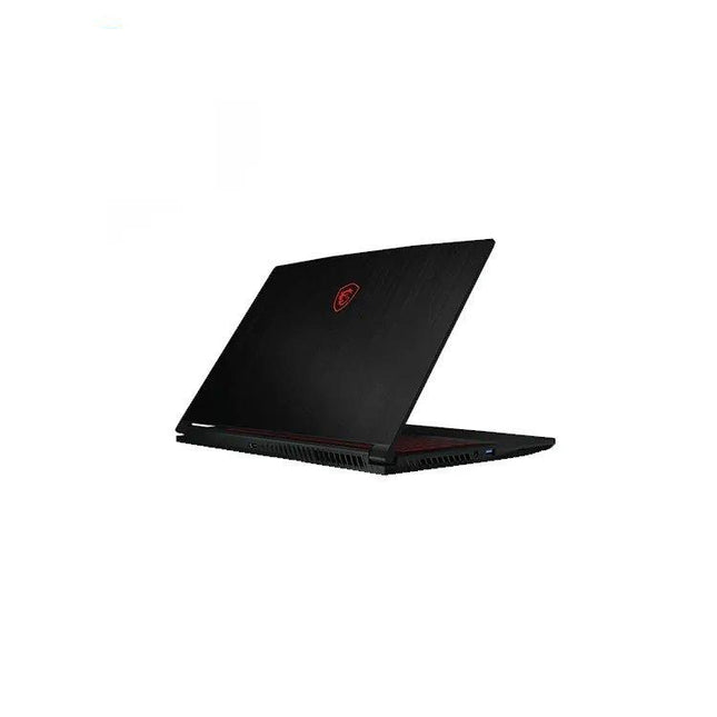 Black gaming laptop with a red logo on a white background