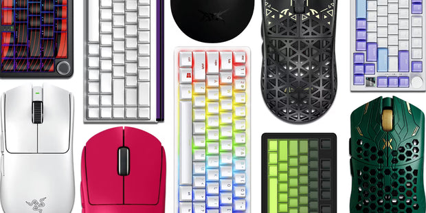 Collection of various keyboards and mice on a white background