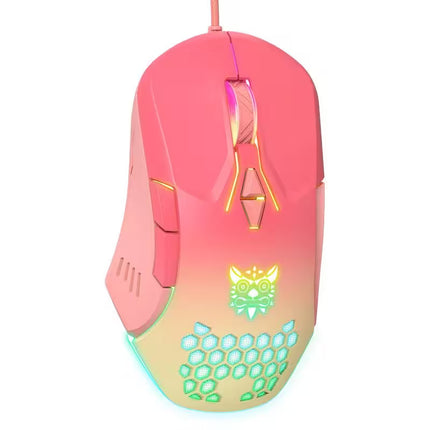 A pink and yellow gradient gaming mouse with glowing RGB accents and a stylized cat face logo on the side, shown on a plain white background.