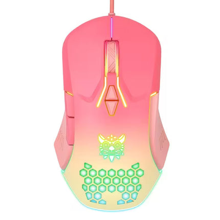 A pink and yellow gradient gaming mouse with glowing RGB accents, featuring a stylized cat head logo and a hexagonal pattern on the palm rest, shown on a solid white background.
