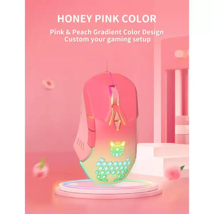 A pink gaming mouse with a peach-to-green gradient and glowing RGB accents, displayed on a pink pedestal with promotional text reading 'HONEY PINK COLOR' and 'Pink & Peach Gradient Color Design Custom your gaming setup'.