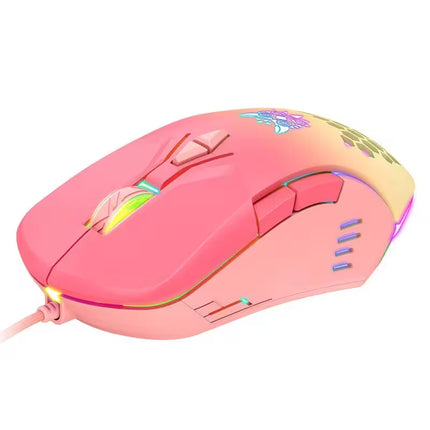 A pink gaming mouse with rainbow RGB lighting accents, a floral graphic on the top, and a wired cable, shown on a plain white background.