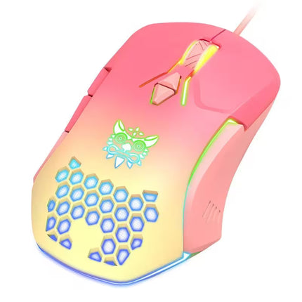A pink and yellow gradient gaming mouse with RGB rainbow lighting, featuring a green dragon emblem on the top and a honeycomb pattern of blue LED lights on the bottom.