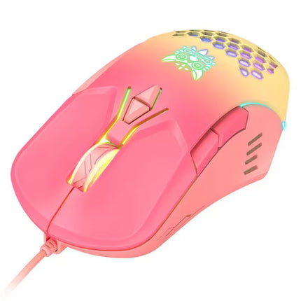 A pink gaming mouse with a yellow-to-pink gradient top, decorative printed graphics, and RGB lighting accents, shown on a plain white background.