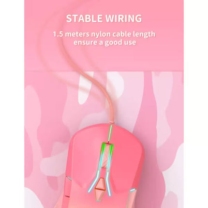 Pink wired computer mouse shown against a pink abstract background with text reading 'STABLE WIRING' and '1.5 meters nylon cable length ensure a good use'.