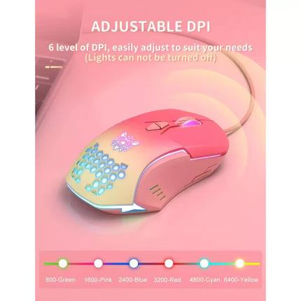 A pink and yellow gradient gaming mouse with RGB lighting on a pink background, featuring text about DPI and a color indicator chart at the bottom.