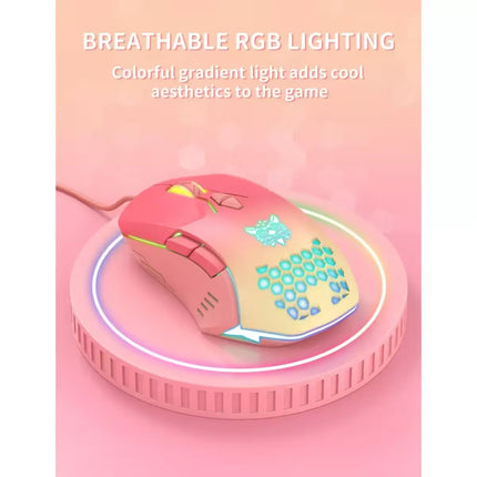 A pink gaming mouse with colorful RGB lighting sits on a circular glowing stand against a soft pink background. Text at the top reads 'BREATHEABLE RGB LIGHTING' and 'Colorful gradient light adds cool aesthetics to the game.