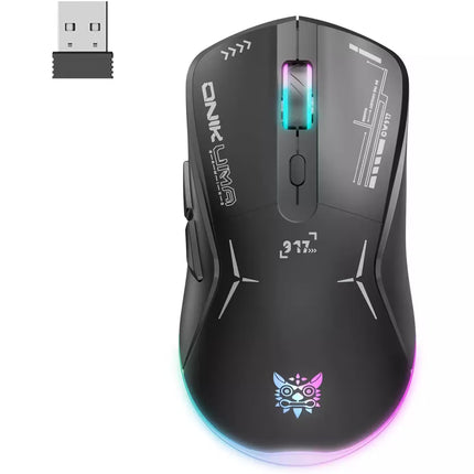 A black wireless gaming mouse with RGB lighting and a small USB receiver shown in the top-left corner on a white background. The mouse features white text reading 'ONIKUMA' and '2700 DPI', a colorful cat-head logo near the base, and multicolor LED lighting accents.