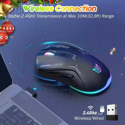 A black gaming mouse with RGB lighting and a blue LED accent ring, shown on a dark blue desk with a laptop corner, holiday decorations, and promotional text for wireless connection.