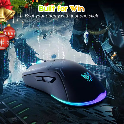 A black gaming mouse with blue and purple RGB lighting, shown in a stylized sci-fi scene with text reading 'Built for Win' and 'Beat your enemy with just one click.'.