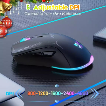 A black gaming mouse with RGB rainbow lighting on a dark desk mat, surrounded by promotional text overlays about adjustable DPI and holiday decorations in the corner.