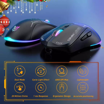 Two black wireless gaming mice with RGB lighting are shown on a blue gradient background with holiday decorations at the top and feature icons at the bottom. The brand name 'ONIK' is visible on the side of the right mouse.