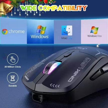 A black ONIKUMA wireless gaming mouse with RGB lighting, shown against a dark blue background with compatibility graphics for Chrome, Windows, Mac OS, and Windows Vista, plus feature callouts for 20 million clicks and durability.
