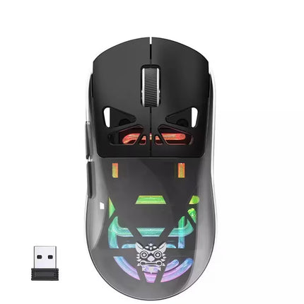 A black wireless gaming mouse with RGB rainbow lighting accents and a small black USB receiver shown in the bottom-left corner, set against a plain white background.