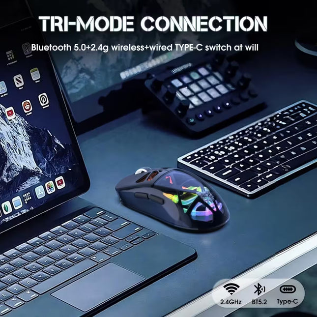 A wireless gaming mouse with a glossy black body and vibrant RGB rainbow lighting, shown on a dark desk next to a laptop, keyboard, and audio controller. Text overlays highlight its tri-mode connection and Bluetooth 5.