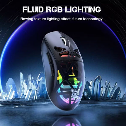 A gaming mouse with fluid RGB lighting, shown floating in a stylized digital environment with text reading 'FLUID RGB LIGHTING' at the top.