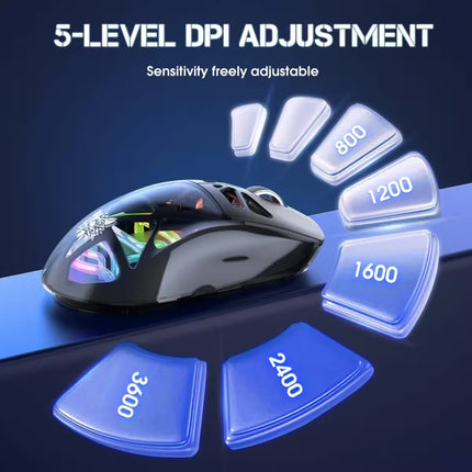 A gaming mouse with RGB lighting is shown on a dark blue graphic background with text reading '5-LEVEL DPI ADJUSTMENT' and floating translucent buttons labeled 800, 1200, 1600, 2400, and 3600.