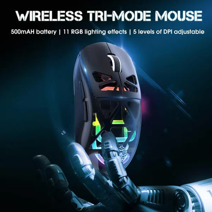 A dark gray wireless tri-mode gaming mouse with RGB lighting, shown in a futuristic sci-fi setting with a robotic hand and glowing colorful accents. Text at the top reads 'WIRELESS TRI-MODE MOUSE' with feature highlights below.