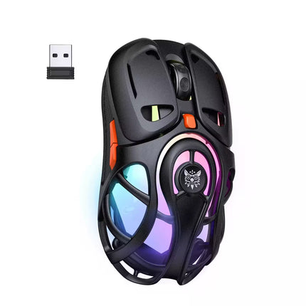 A black wireless gaming mouse with RGB rainbow lighting accents and a small USB receiver shown in the top-left corner, on a plain white background.