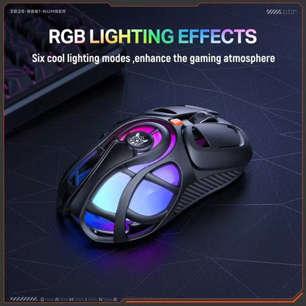 A black gaming mouse with vibrant RGB lighting effects, shown on a dark textured desk mat with promotional text overlays.