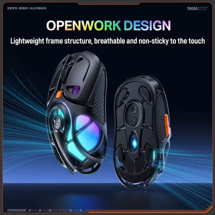 A pair of black gaming mice shown from front and back views on a dark blue graphic background with glowing blue and purple accents. The image includes the text 'OPENWORK DESIGN' and descriptive marketing copy about lightweight frame structure, breathability, and non-stick surface.
