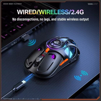 A black wired gaming mouse with RGB lighting and orange scroll accents, shown on a dark textured desk mat next to a keyboard with promotional text overlays.