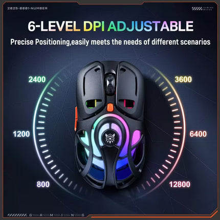 A black gaming mouse with RGB lighting is centered on a dark tech-style background with the text '6-LEVEL DPI ADJUSTABLE' and a circular scale showing DPI numbers. The mouse has a glossy finish with multicolor LED accents around the scroll and lower body.