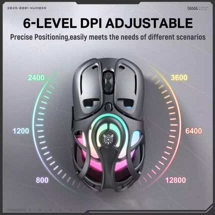 A gaming mouse shown on a gray promotional graphic with text reading '6-LEVEL DPI ADJUSTABLE' and DPI numbers around a circular dial. The mouse is dark gray/black with multicolor RGB lighting accents.