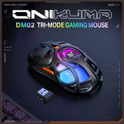 A black gaming mouse with RGB tri-mode lighting in purple, blue, and orange, shown with a small USB receiver on a dark textured background. The brand name 'ONIKUMA' is displayed at the top.