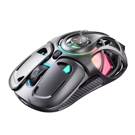 A black gaming mouse with RGB rainbow lighting accents, featuring a textured carbon-fiber pattern on the sides and a circular top control, shown on a solid white background.