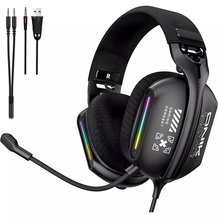 Black over-ear gaming headset with attached boom microphone, RGB rainbow lighting accents on the ear cups, and included audio cables on a white background.