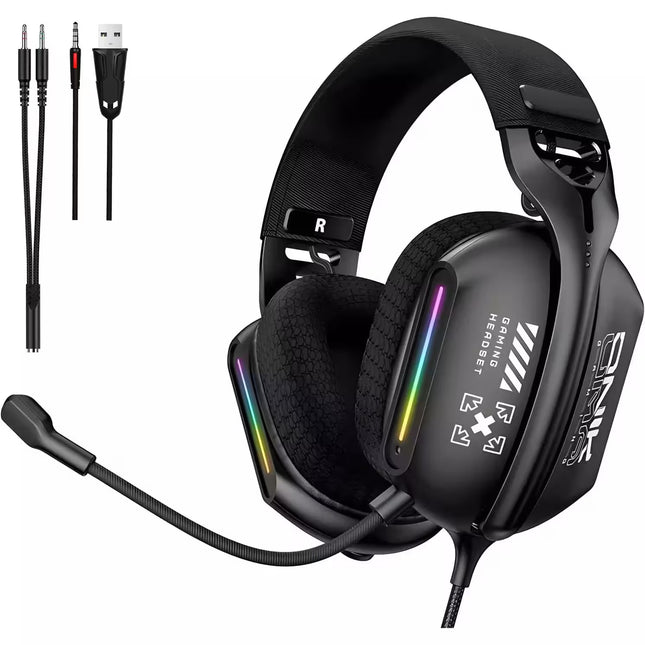 Black over-ear gaming headset with attached boom microphone, RGB rainbow lighting accents on the ear cups, and included audio cables on a white background.