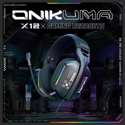 A Qnikuma X12 gaming headset with RGB lighting, shown floating in a futuristic dark room with promotional text overlays.