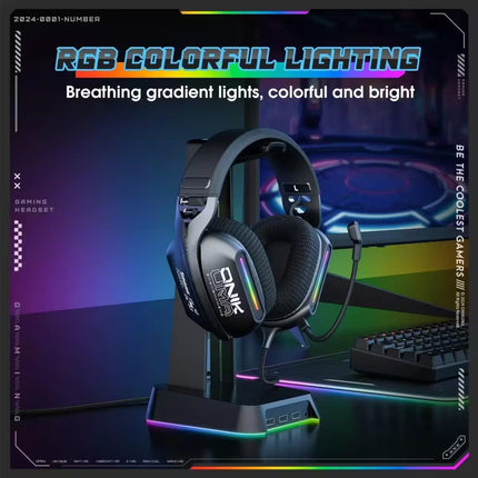 Gaming headset with RGB lighting on a desk setup, featuring text about RGB lighting.