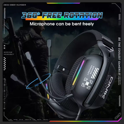 Gaming headset with RGB lighting and 360-degree rotation feature, on a dark background.