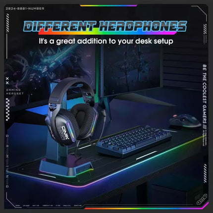 A gaming headset on a matching desk stand, shown in a styled desk setup with a keyboard, mouse, monitor, and RGB desk lighting. The image has a dark cyberpunk theme with colorful neon accents and promotional text.