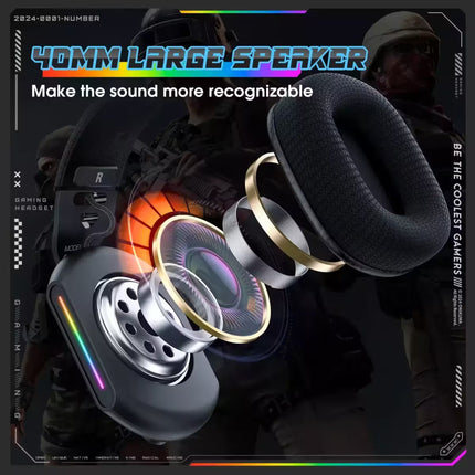 40mm large speaker headset component with a black ear cup, metallic silver and gold speaker driver, and RGB lighting accents, shown with marketing text over a dark gaming-themed background.