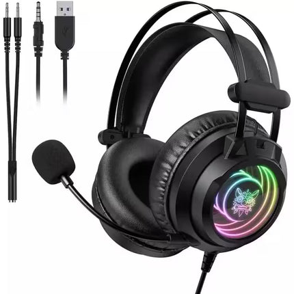 Gaming headset with RGB lighting, microphone, and USB cable on a white background