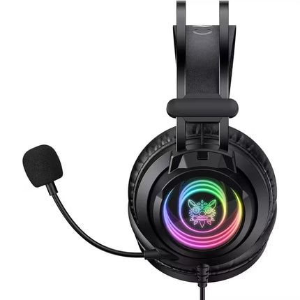 Black over-ear gaming headset with an attached microphone and a glowing multicolor RGB logo on the ear cup, shown on a plain white background.