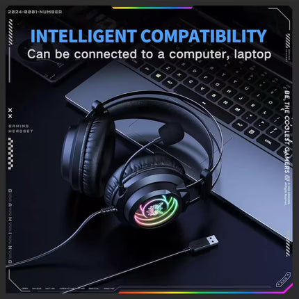 Black over-ear gaming headset with RGB rainbow lighting on the ear cup, shown resting on a laptop with a USB cable. The image includes promotional text highlighting computer and laptop compatibility.