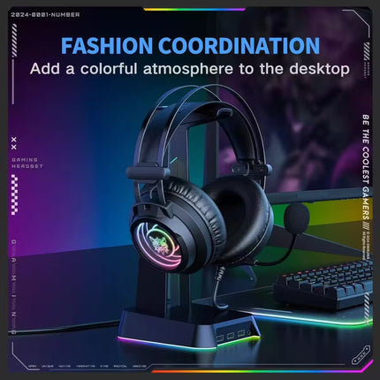 A black over-ear gaming headset with RGB rainbow lighting on a matching stand, shown on a desk setup with a keyboard and mouse in a dark, stylized room. Text overlays read 'FASHION COORDINATION' and 'Add a colorful atmosphere to the desktop'.
