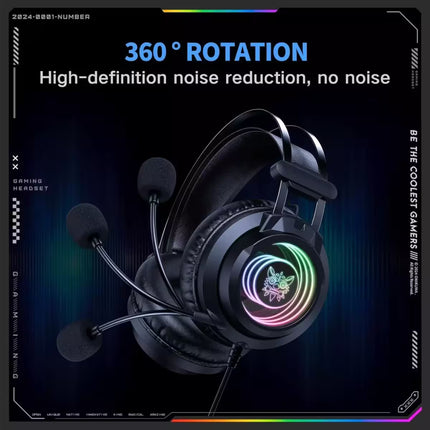 Gaming headset with RGB lighting on a dark background with text about rotation and noise reduction.