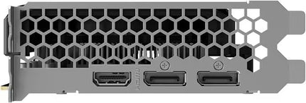 Rear I/O bracket view of a graphics card featuring one HDMI port, two DisplayPorts, and a silver honeycomb ventilation mesh pattern.   