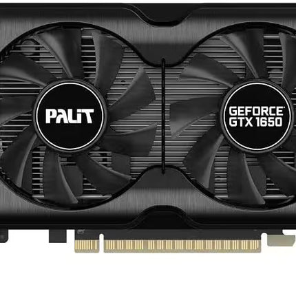 Front view of a Palit GamingPro GeForce GTX 1650 graphics card featuring two black cooling fans, one with a Palit logo and the other with a GeForce GTX 1650 logo on the center hubs, set against a brushed dark metal shroud.   