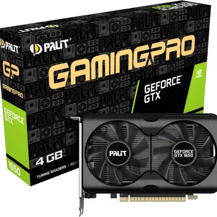 Palit GamingPro GeForce GTX 1650 graphics card standing in front of its original product retail box, featuring Palit GamingPro branding, 4GB memory designation, and Nvidia GeForce GTX labeling.