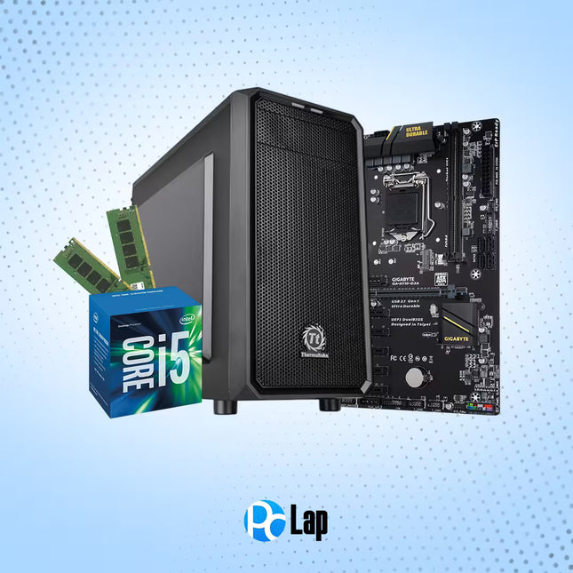 Computer components including a CPU box, motherboard, and RAM on a blue background with 'PcLap' logo.