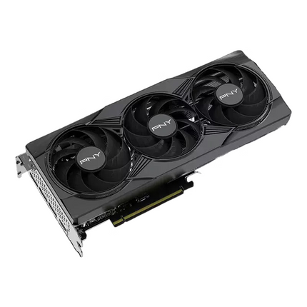 Angled perspective view of a dark gray PNY triple-fan graphics card featuring PNY logos on the central fan hubs, a PCIe connector interface  
