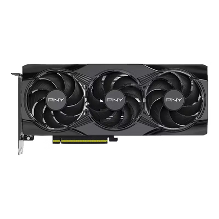 Front view of a PNY triple-fan graphics card featuring three black cooling fans with PNY center logos, set in a dark gray metallic shroud with a PCIe connector interface at the bottom.
